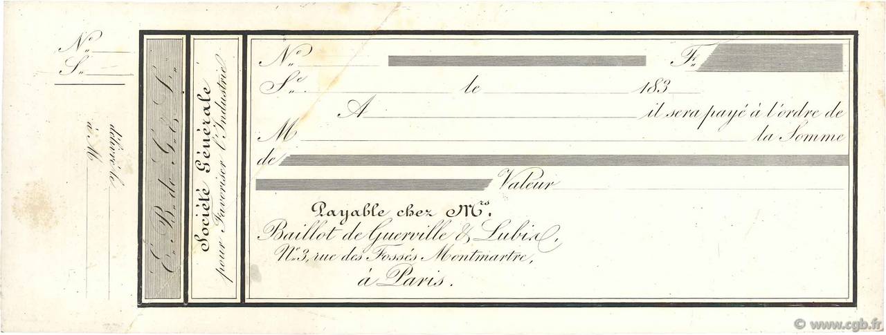Francs FRANCE regionalismo y varios Paris 1830 DOC.Chèque MBC
