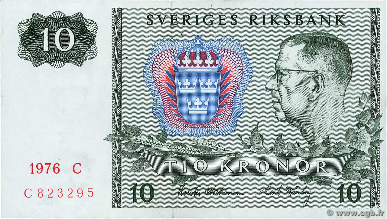 10 Kronor SWEDEN  1976 P.52d XF