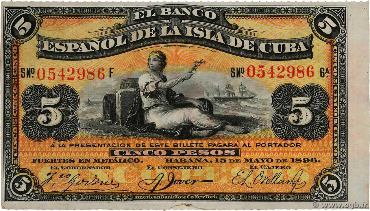 5 Pesos KUBA  1896 P.048b fST+