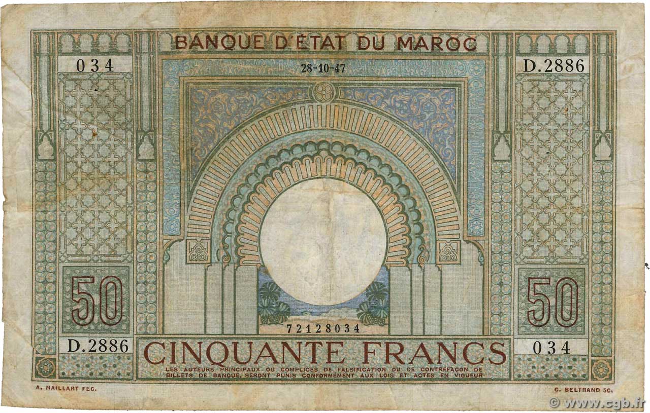 50 Francs MAROKKO  1947 P.21 S