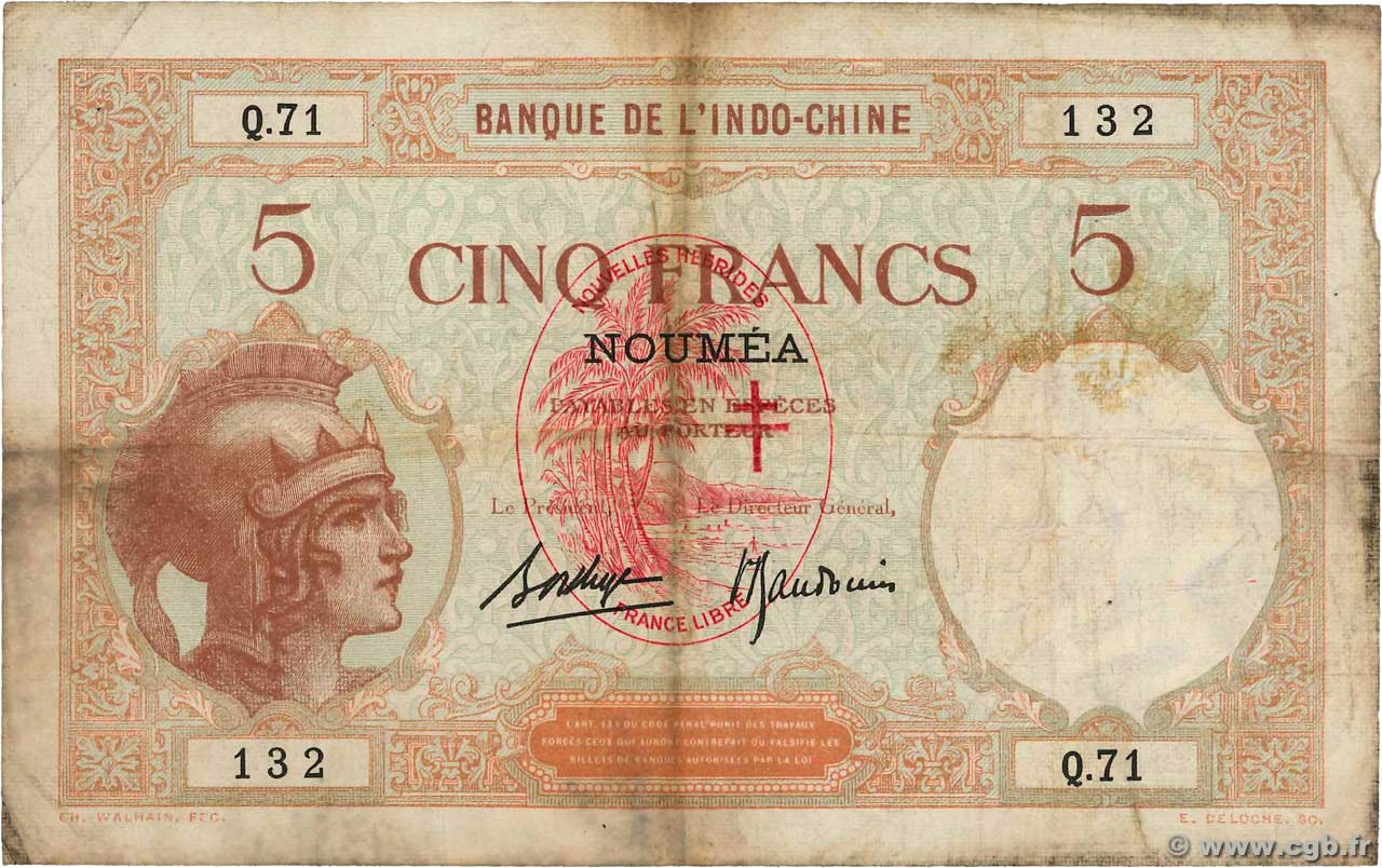 5 Francs NUEVAS HÉBRIDAS  1941 P.04b BC