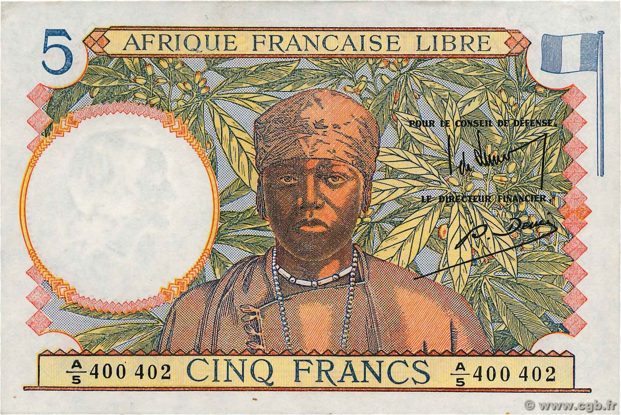 5 Francs type 1941 AFRIQUE ÉQUATORIALE FRANÇAISE Brazzaville 1942 A.114a SUP+