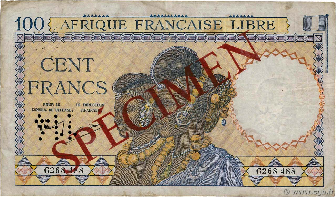 100 Francs Spécimen AFRIQUE ÉQUATORIALE FRANÇAISE Brazzaville 1941 P.08s fSS