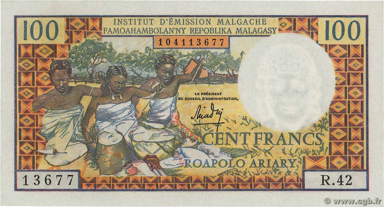 100 Francs - 20 Ariary MADAGASCAR  1964 P.057a UNC-