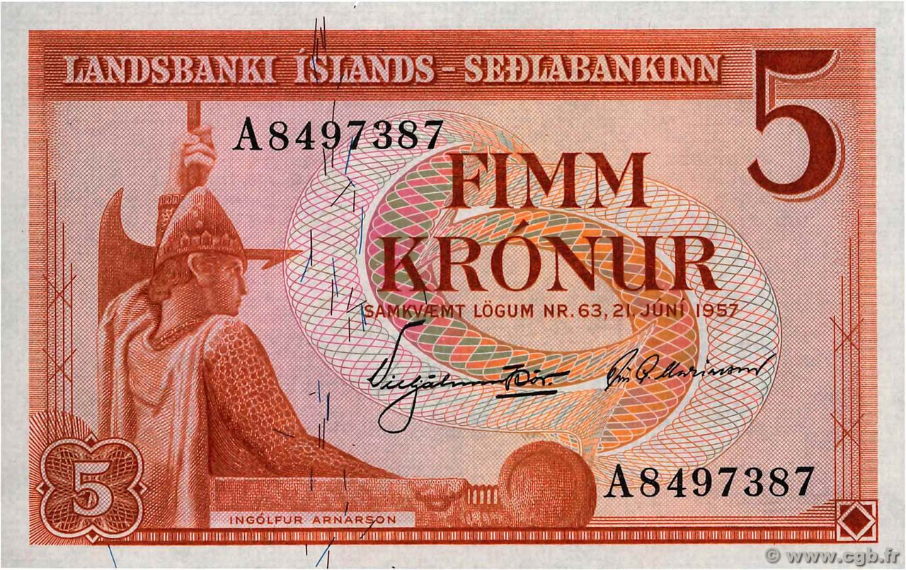5 Kronur ICELAND  1957 P.37b UNC