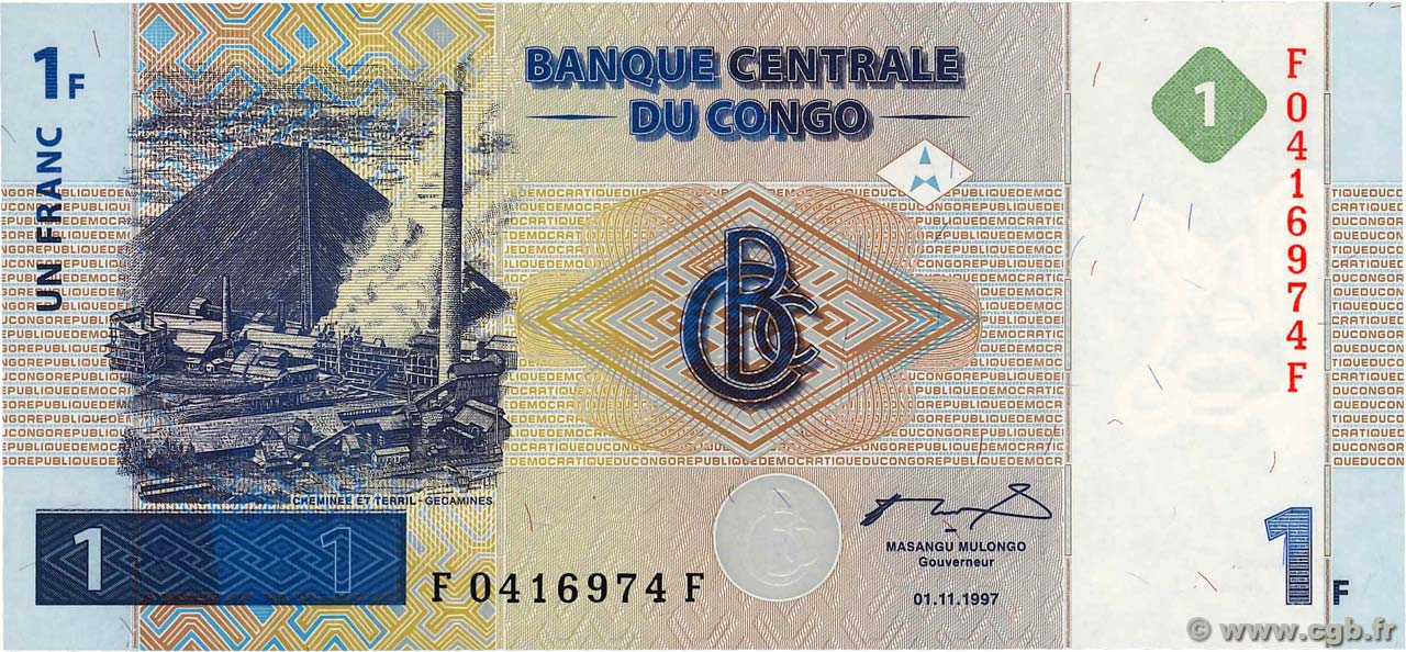 1 Franc RÉPUBLIQUE DÉMOCRATIQUE DU CONGO  1997 P.085a NEUF
