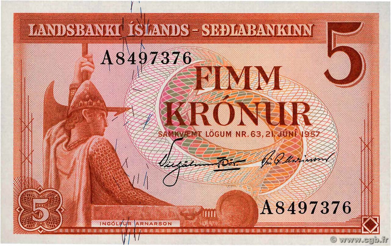 5 Kronur ICELAND  1957 P.37b UNC