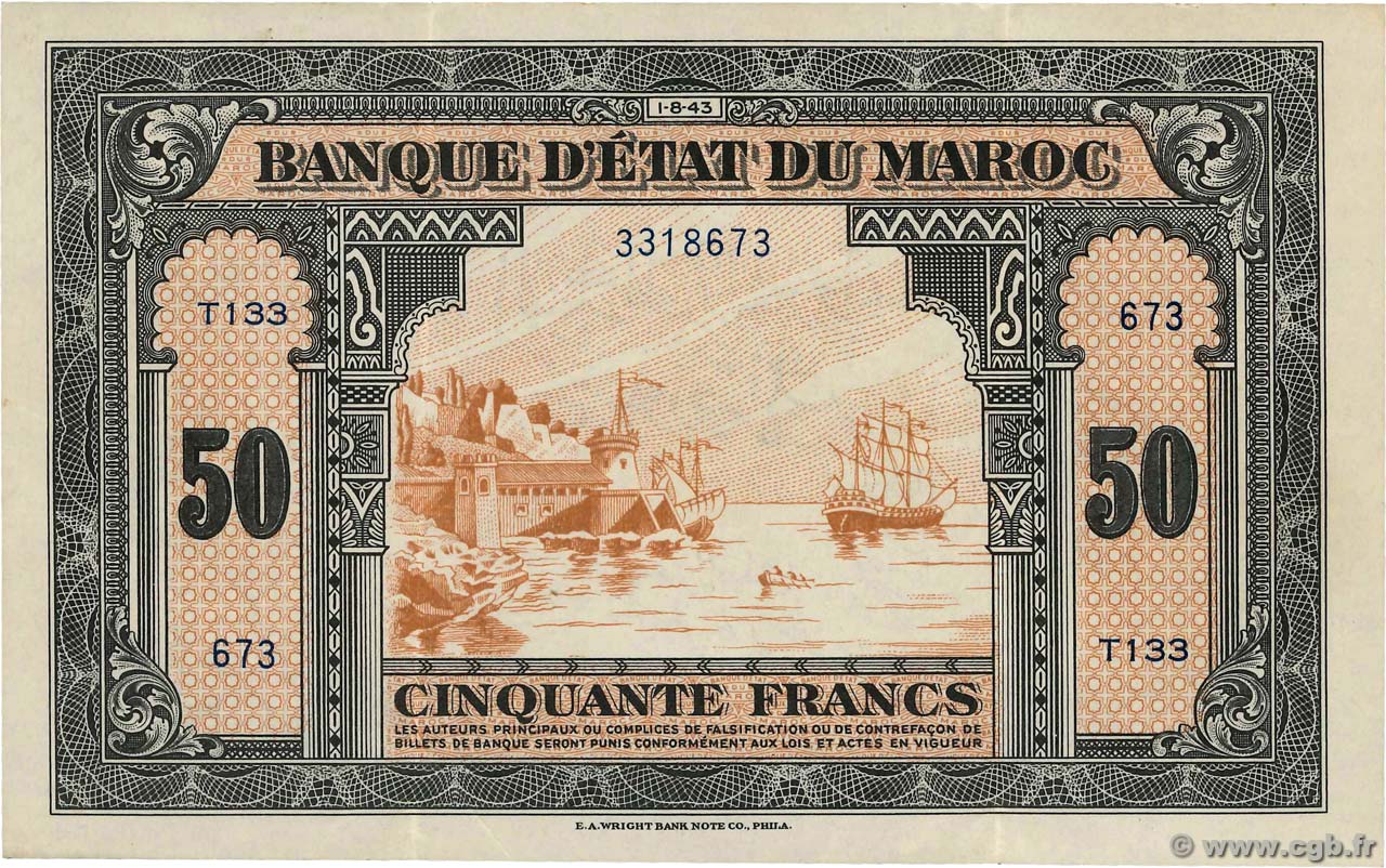 50 Francs MOROCCO  1943 P.26a VF+