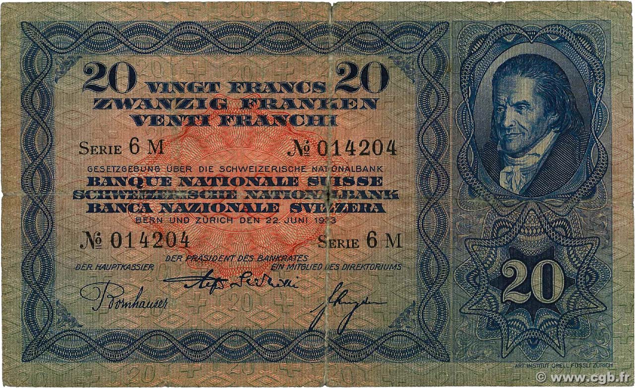 20 Francs SUISSE  1933 P.39d B+