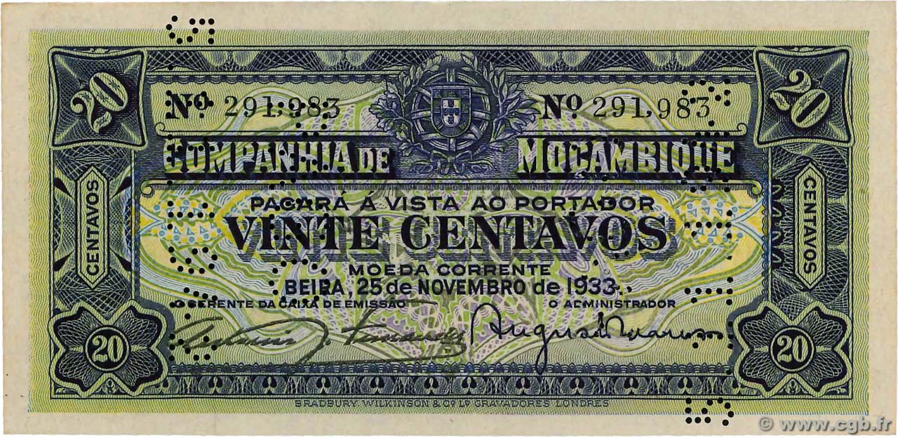 20 Centavos MOZAMBICO Beira 1933 P.R29 q.FDC