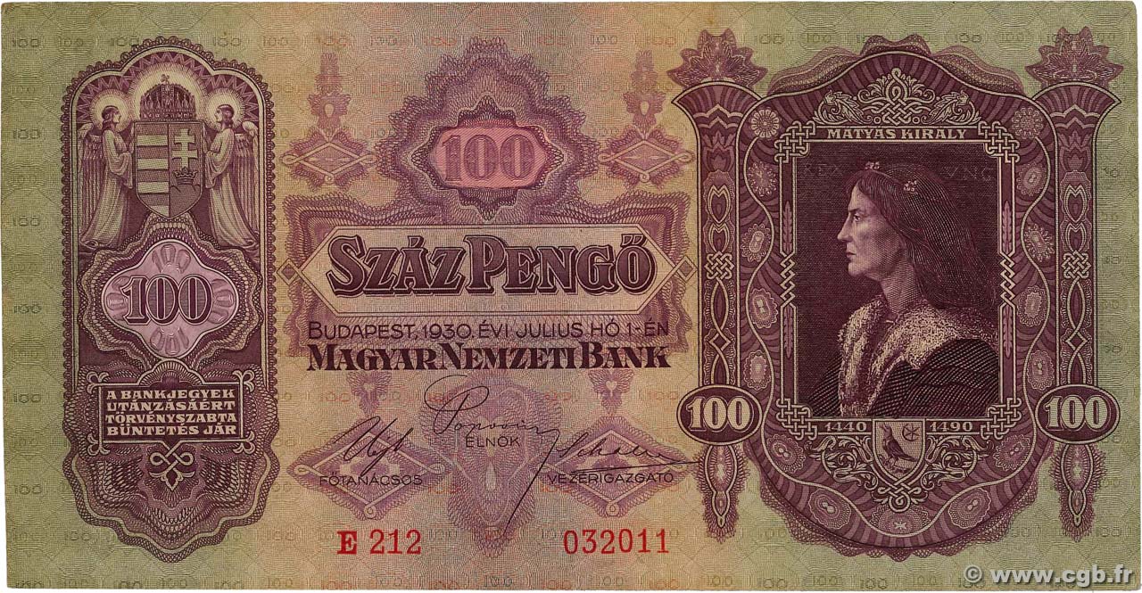 100 Pengö HUNGARY  1930 P.098 VF
