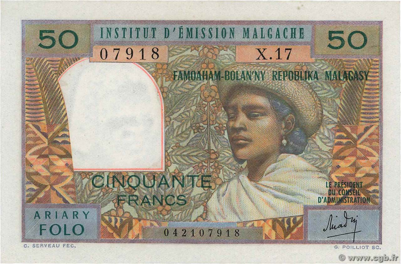 50 Francs - 10 Ariary MADAGASKAR  1969 P.061 fST+