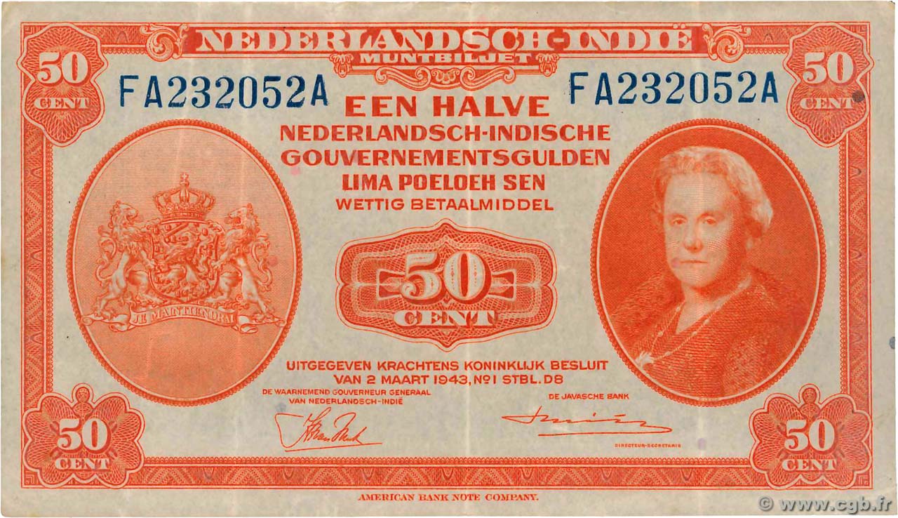 50 Cent NETHERLANDS INDIES  1943 P.110a VF+
