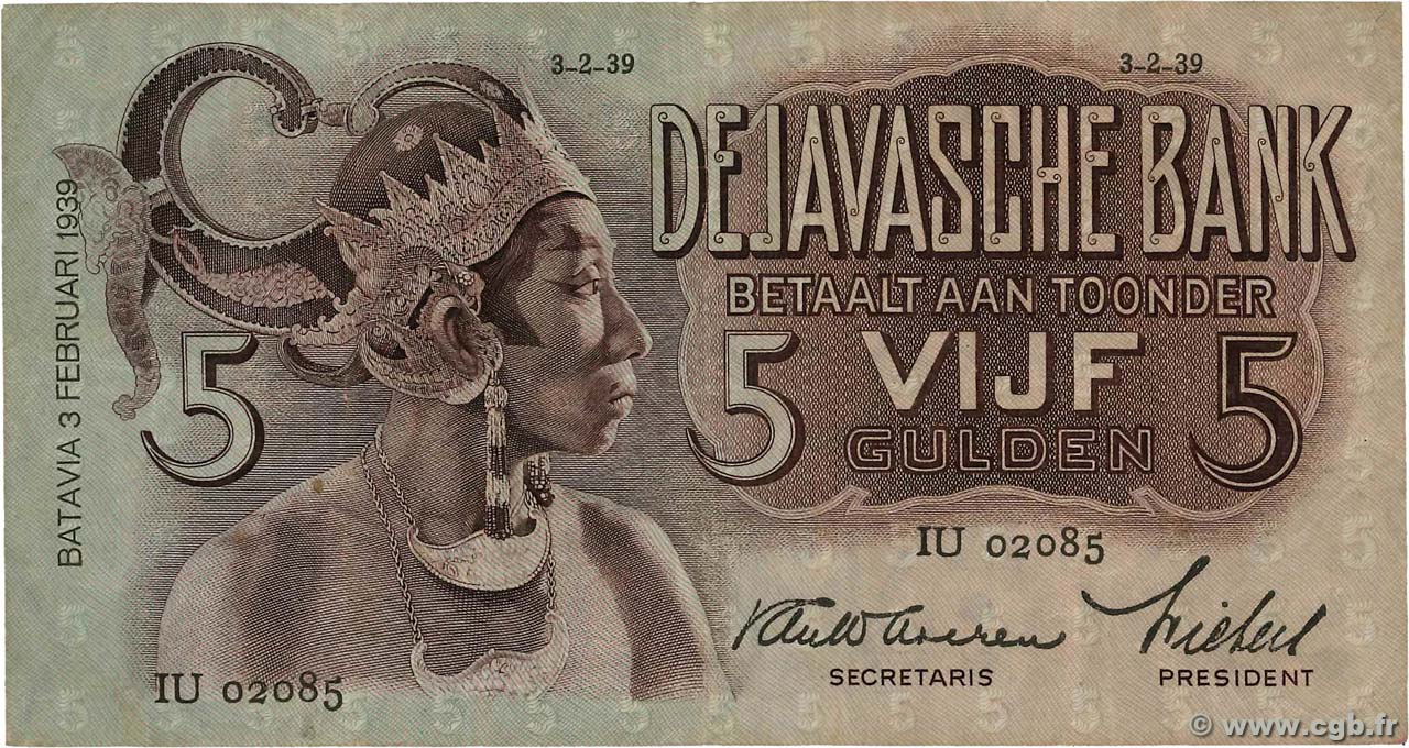 5 Gulden INDIAS NEERLANDESAS  1939 P.078c MBC+