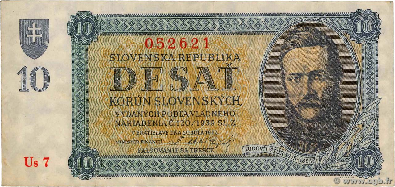 10 Korun SLOVACCHIA  1943 P.06a BB
