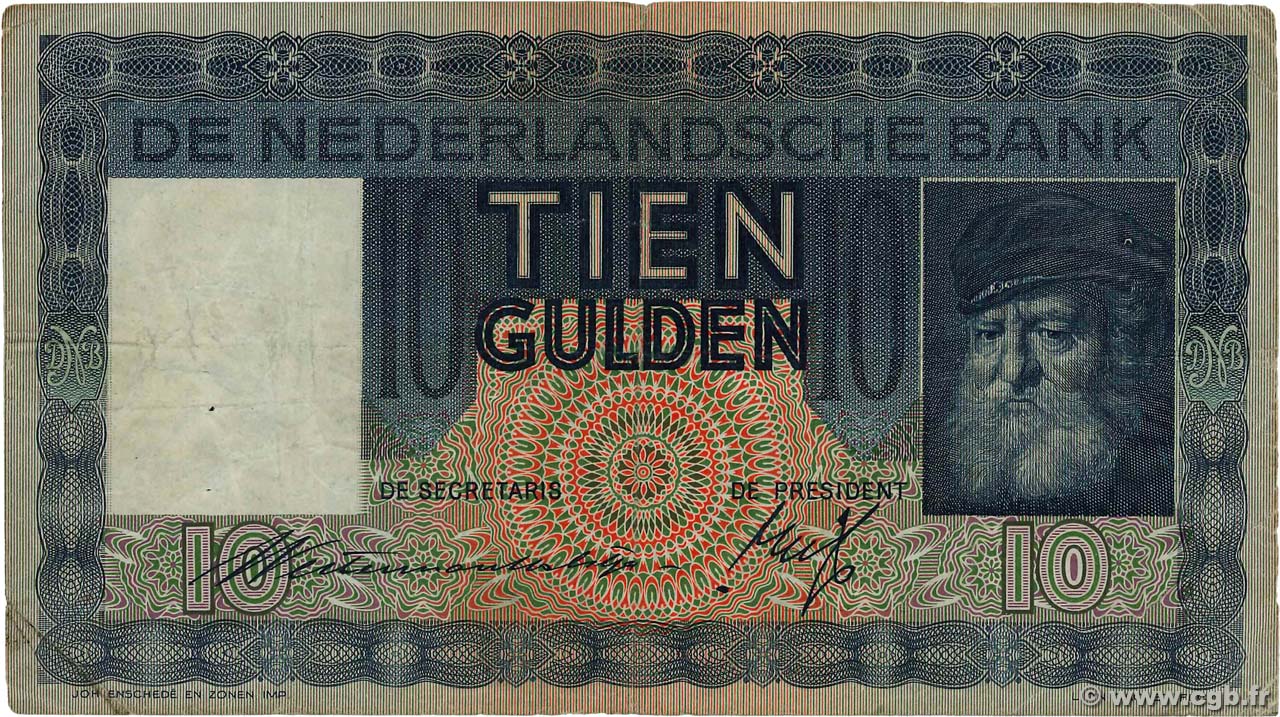 10 Gulden NETHERLANDS  1936 P.049 VF-