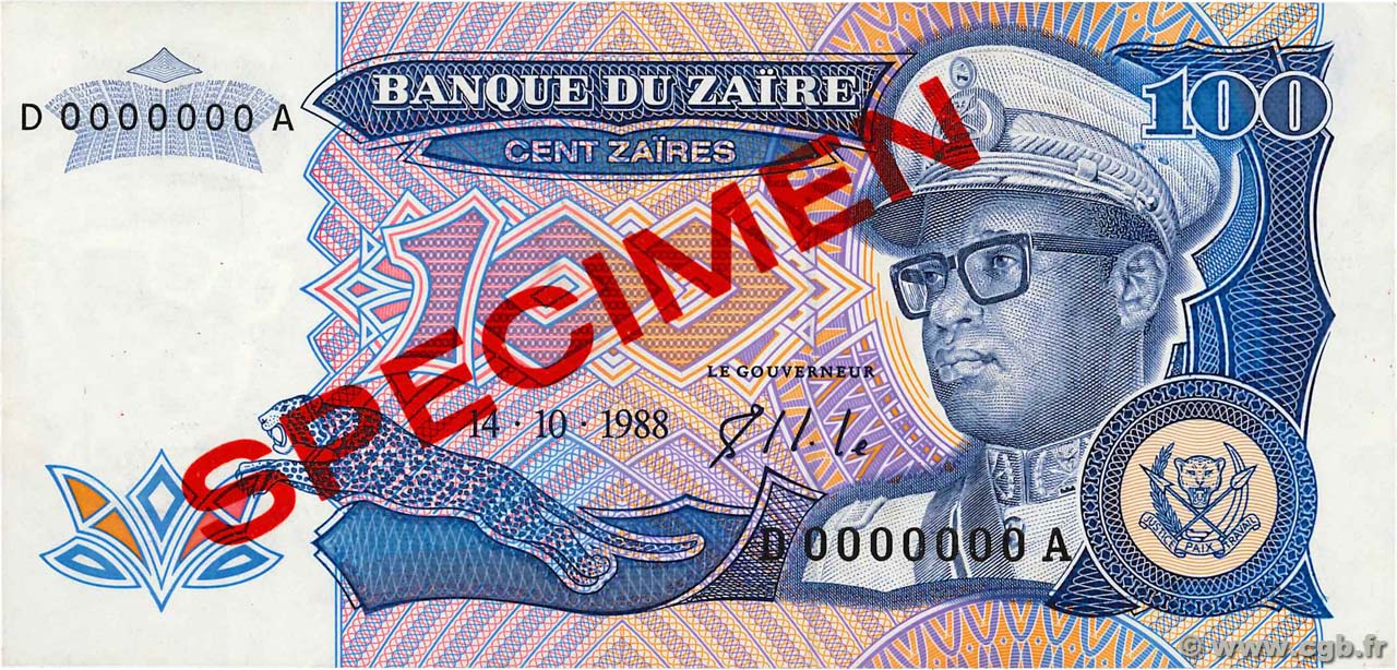100 Zaïres Spécimen ZAIRE  1988 P.33s q.FDC