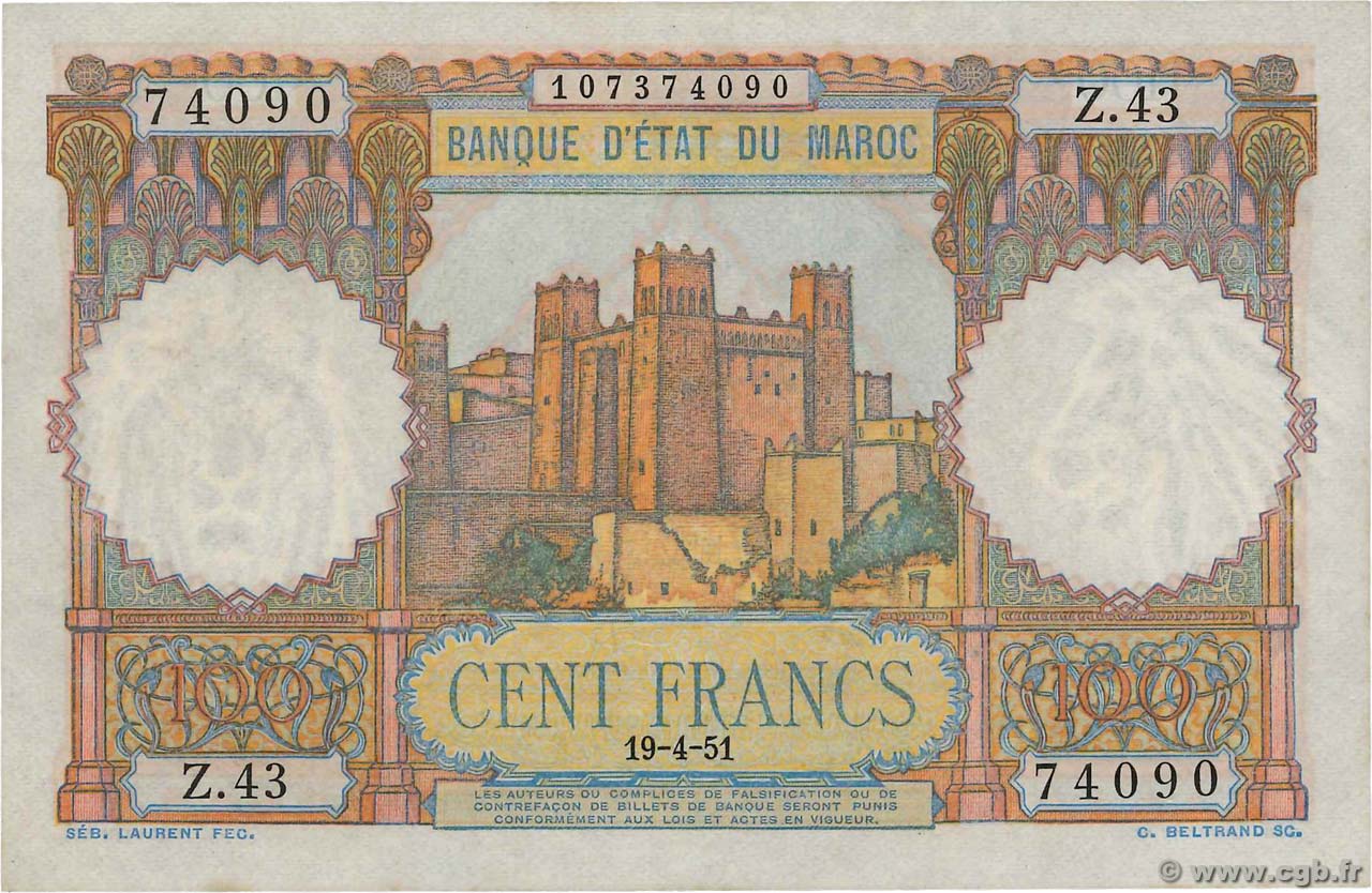 100 Francs MAROCCO  1951 P.45 SPL