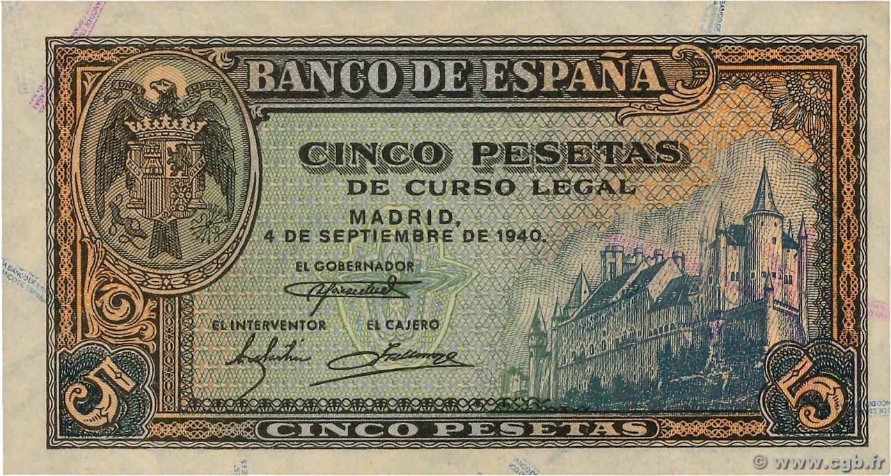 5 Pesetas SPANIEN  1940 P.123a fST+
