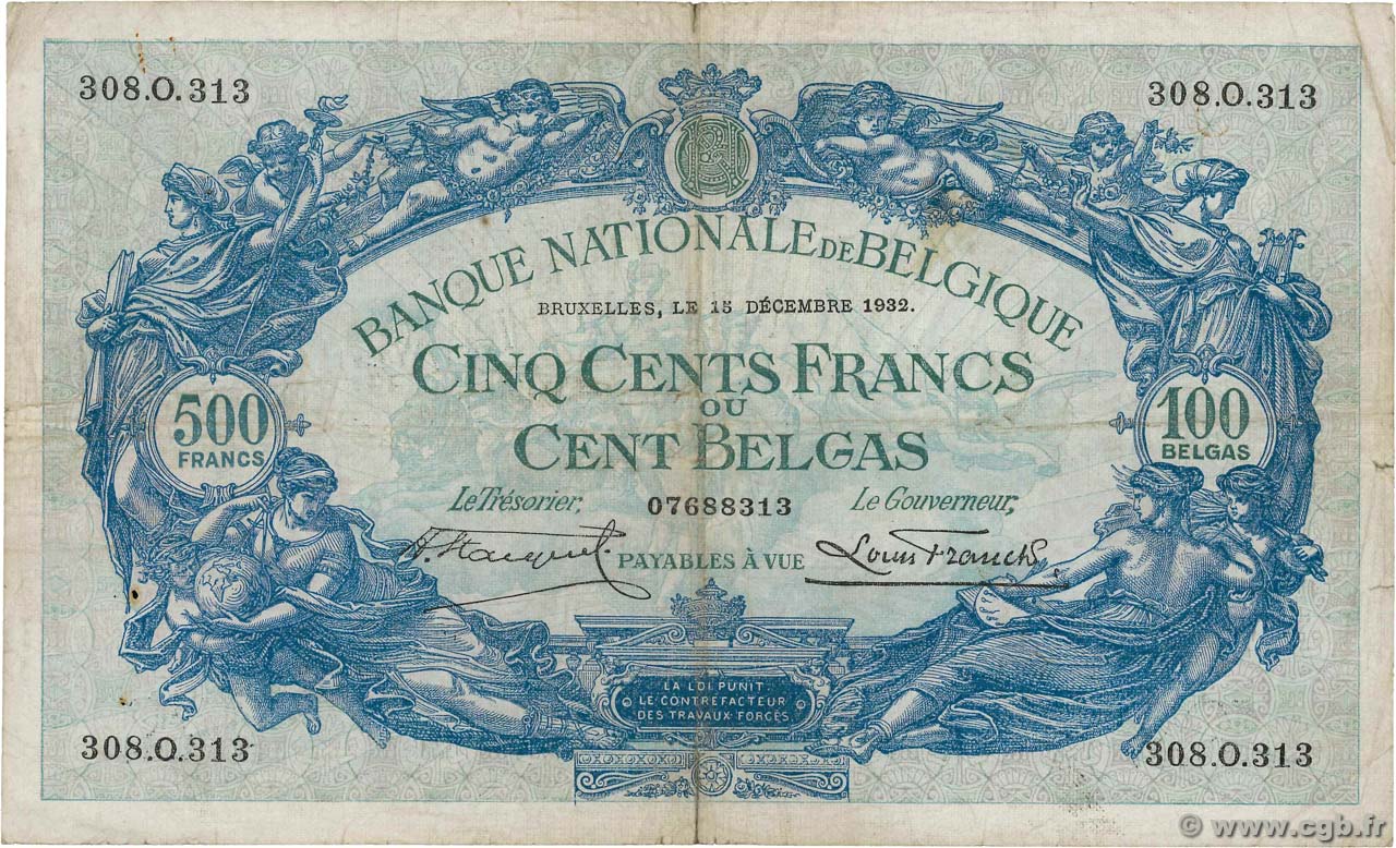 500 Francs - 100 Belgas BELGIEN  1932 P.103a S