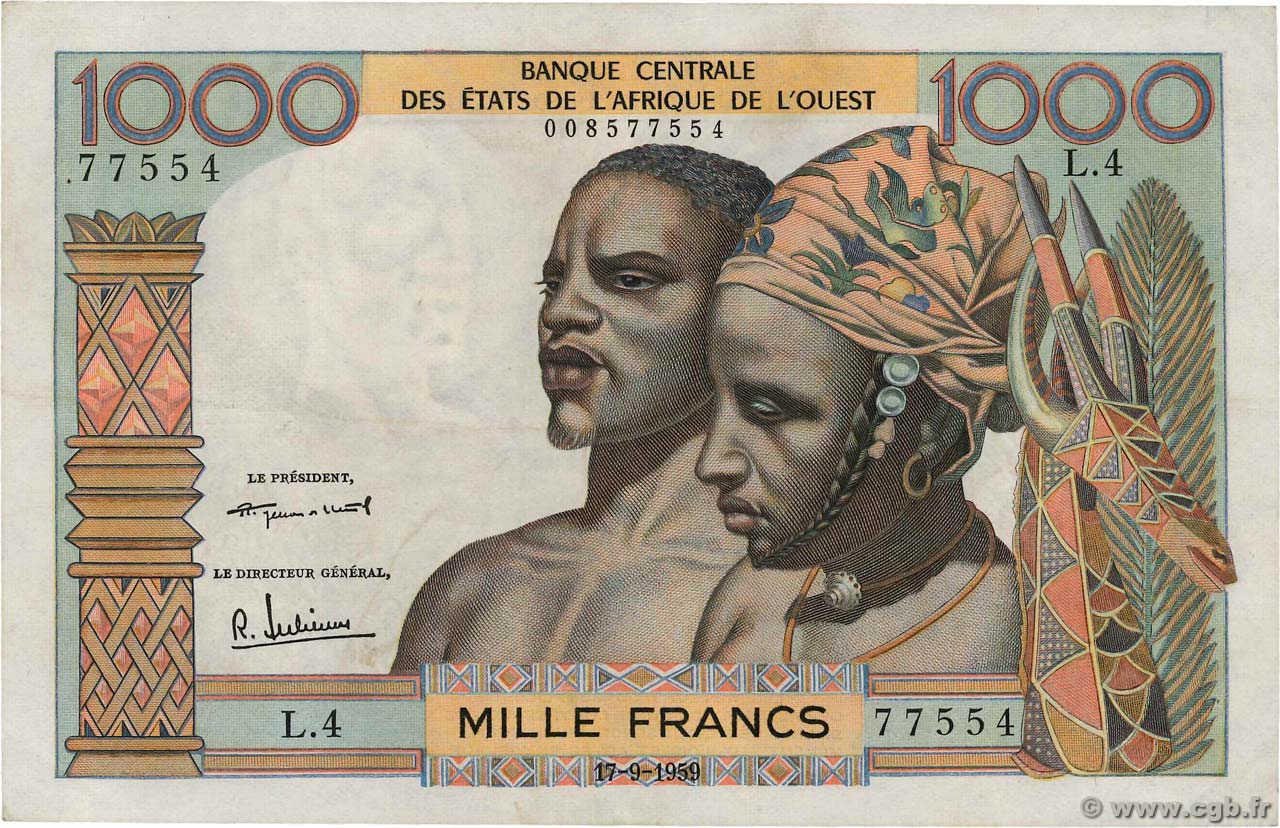 1000 Francs ÉTATS DE L AFRIQUE DE L OUEST  1959 P.004 TTB
