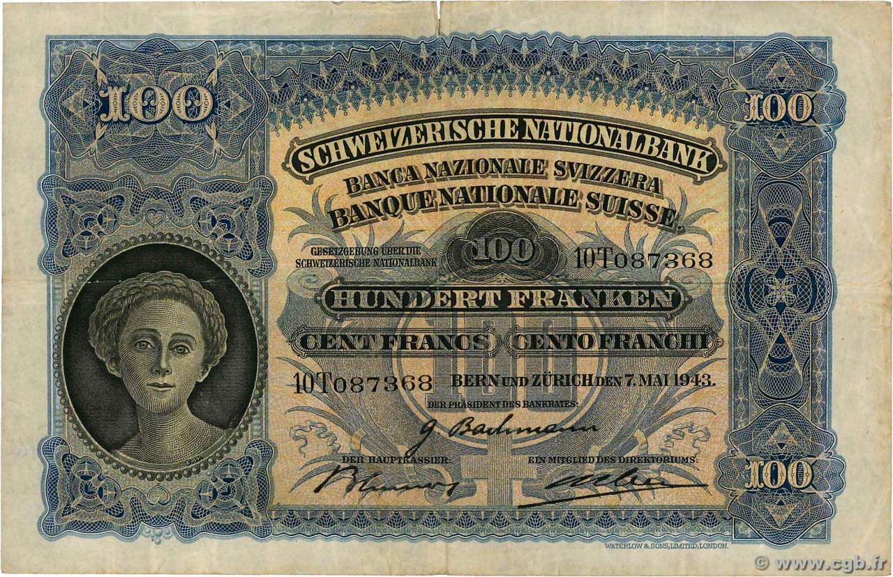 100 Francs SUISSE  1943 P.35o BC+