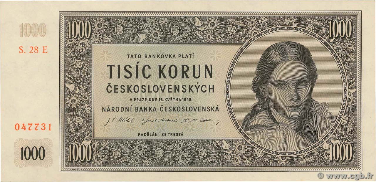 1000 Korun CZECHOSLOVAKIA  1945 P.074d UNC-