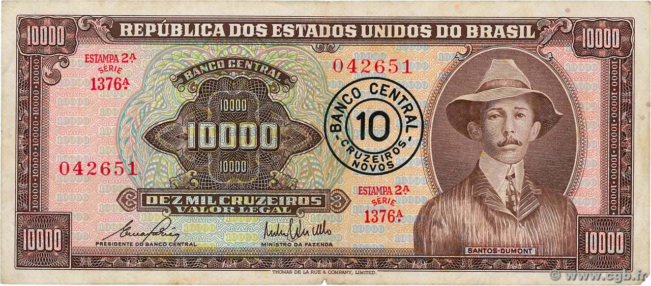 10 Cruzeiros Novos sur 10000 Cruzeiros BRASILIEN  1967 P.190b SS