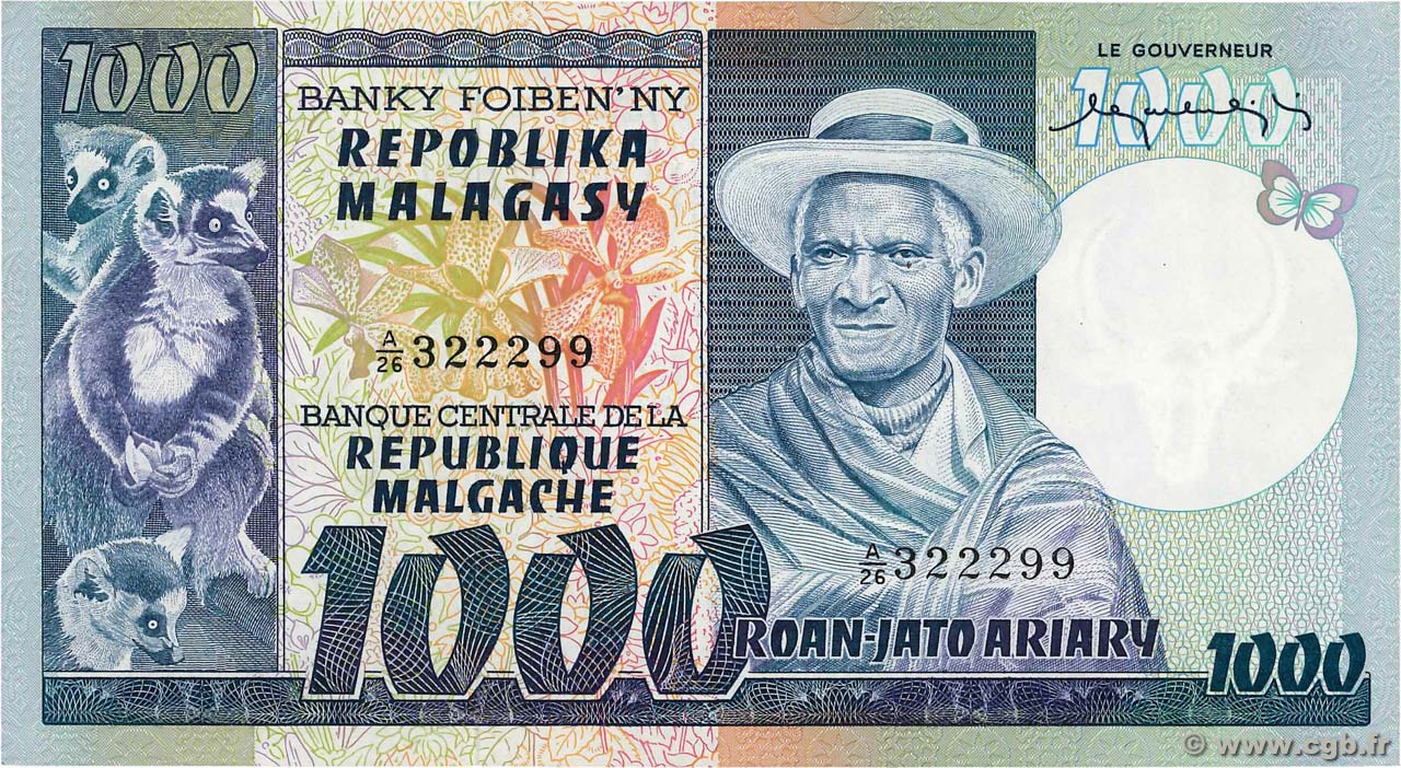 1000 Francs - 200 Ariary MADAGASCAR  1974 P.065a XF+
