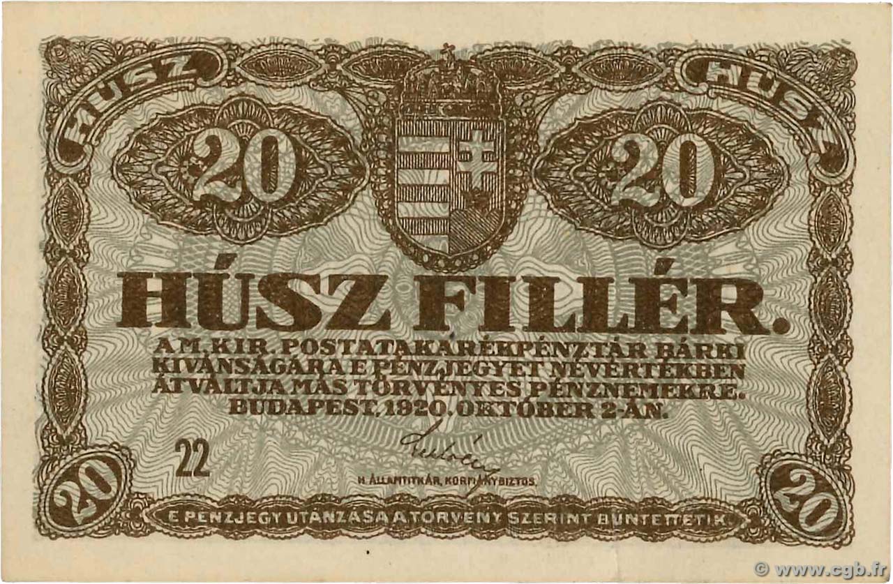 20 Filler HUNGRíA  1920 P.043 SC
