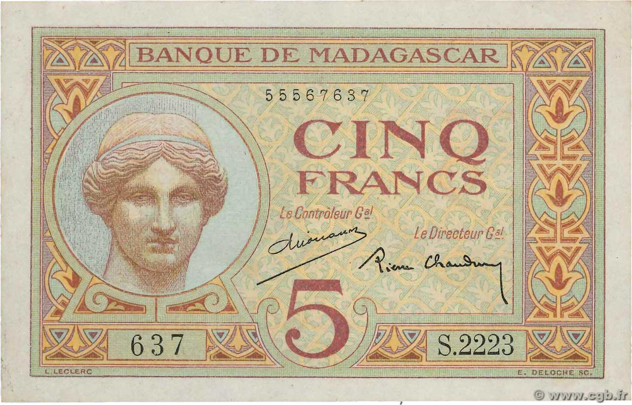 5 Francs MADAGASCAR  1937 P.035 SC