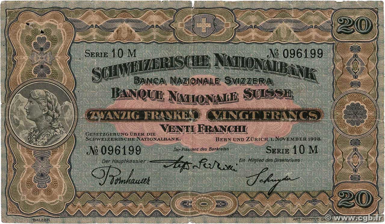 20 Francs SUISSE  1928 P.33f B+