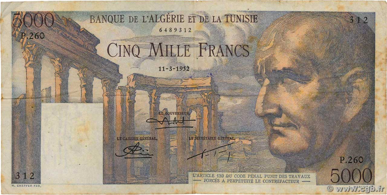 5000 Francs TUNISIA  1952 P.30 q.BB