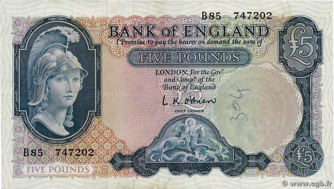 5 Pounds ENGLAND  1967 P.371a SS