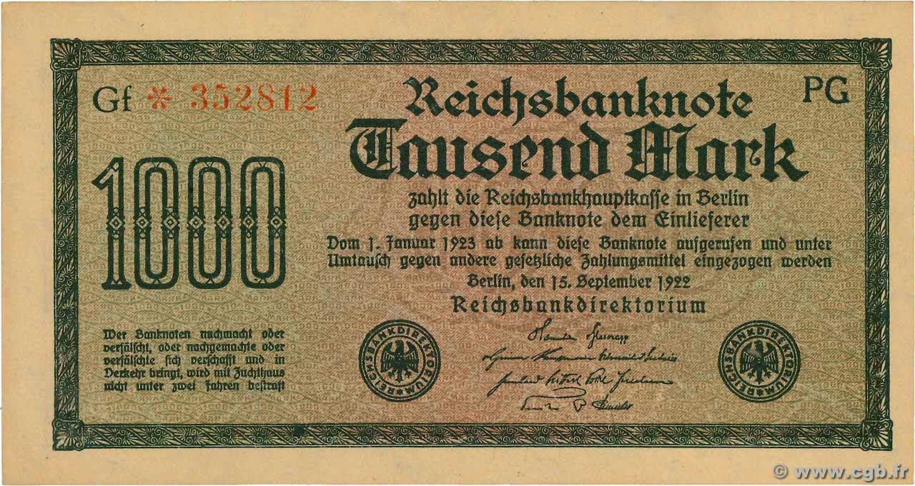 1000 Mark GERMANY  1922 P.076b AU