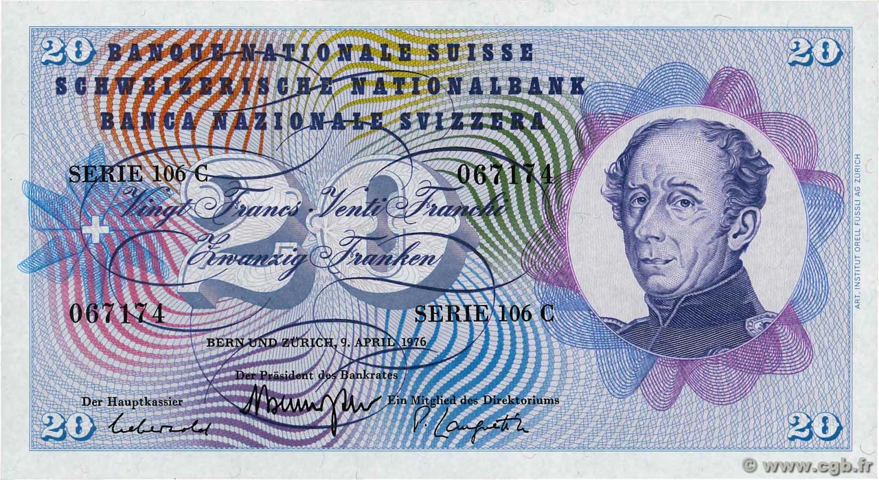 20 Francs SWITZERLAND  1976 P.46w UNC-