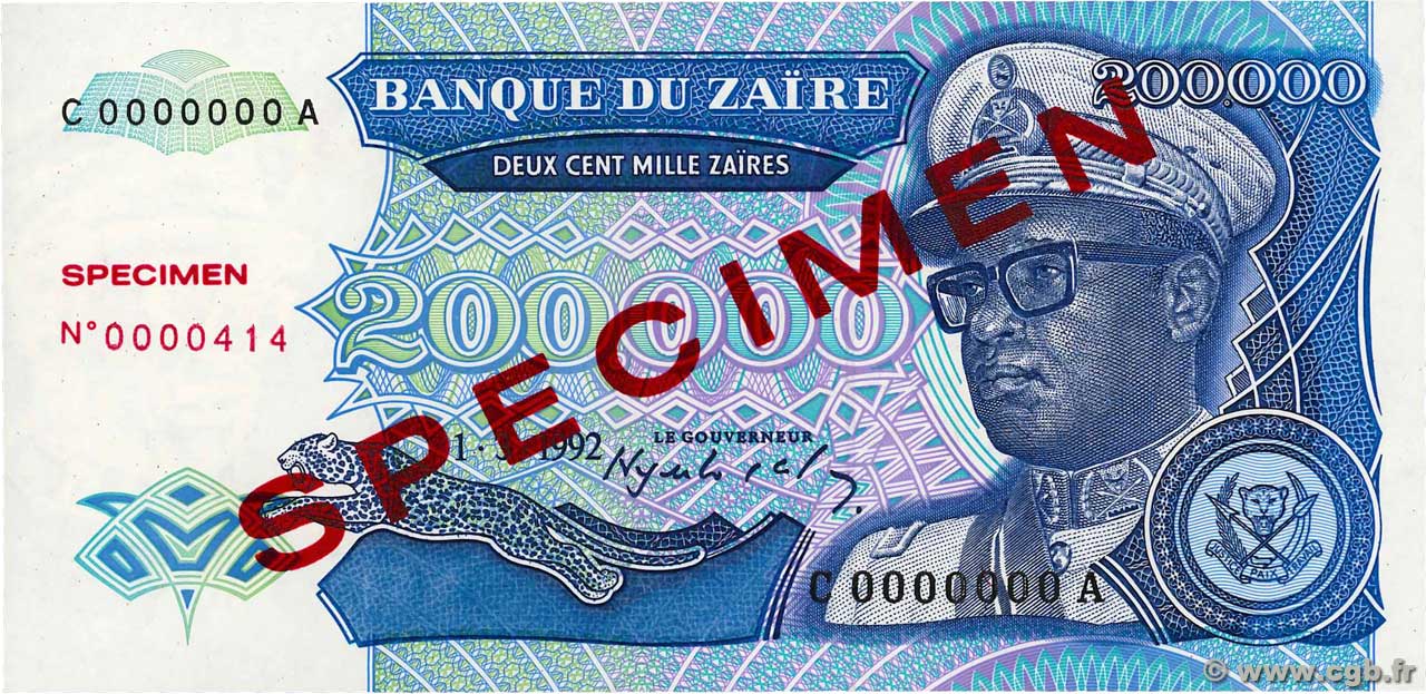 200000 Zaïres Spécimen ZAIRE  1992 P.42s q.FDC