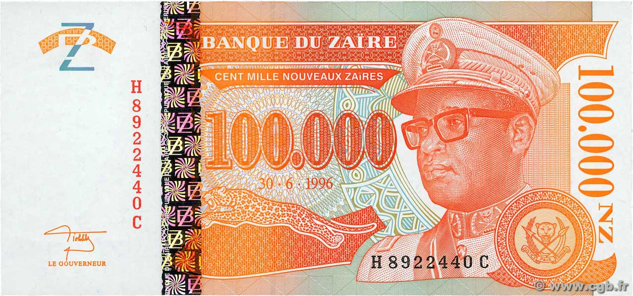 100000 Nouveaux Zaïres ZAÏRE  1996 P.76a NEUF