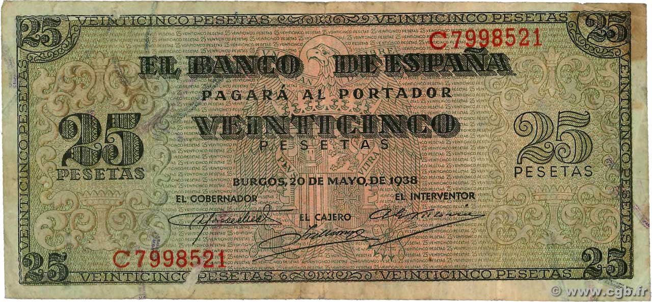 25 Pesetas ESPAÑA  1938 P.111 BC+
