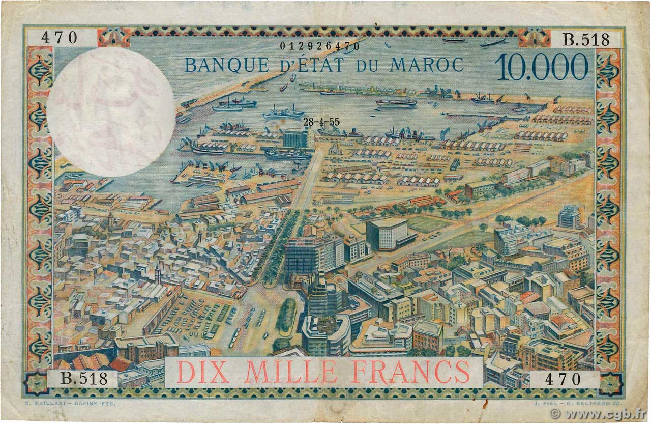100 Dirhams sur 10000 Francs MAROKKO  1955 P.52 SS
