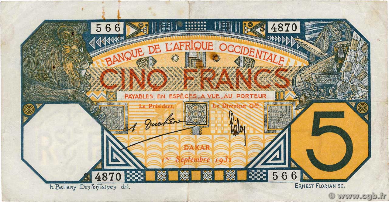 5 Francs DAKAR AFRIQUE OCCIDENTALE FRANÇAISE (1895-1958) Dakar 1932 P.05Be TB+