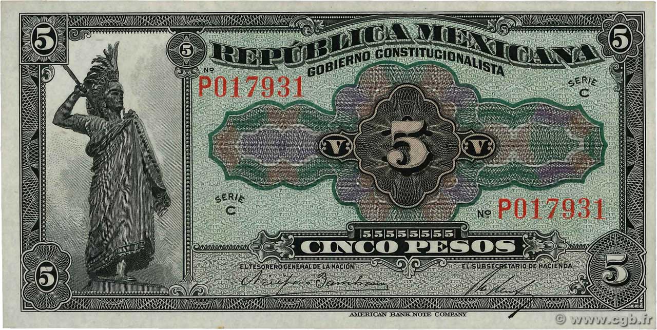 5 Pesos MEXICO  1915 PS.0685a AU