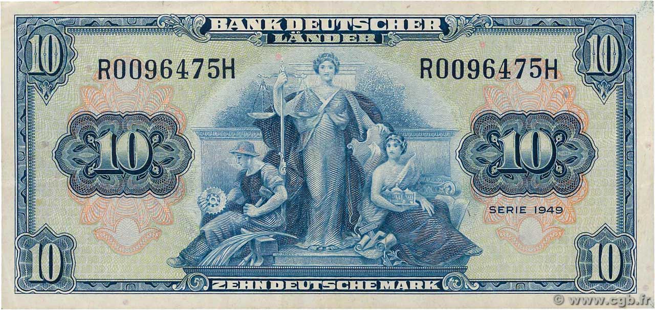 10 Deutsche Mark GERMAN FEDERAL REPUBLIC  1949 P.16a VF