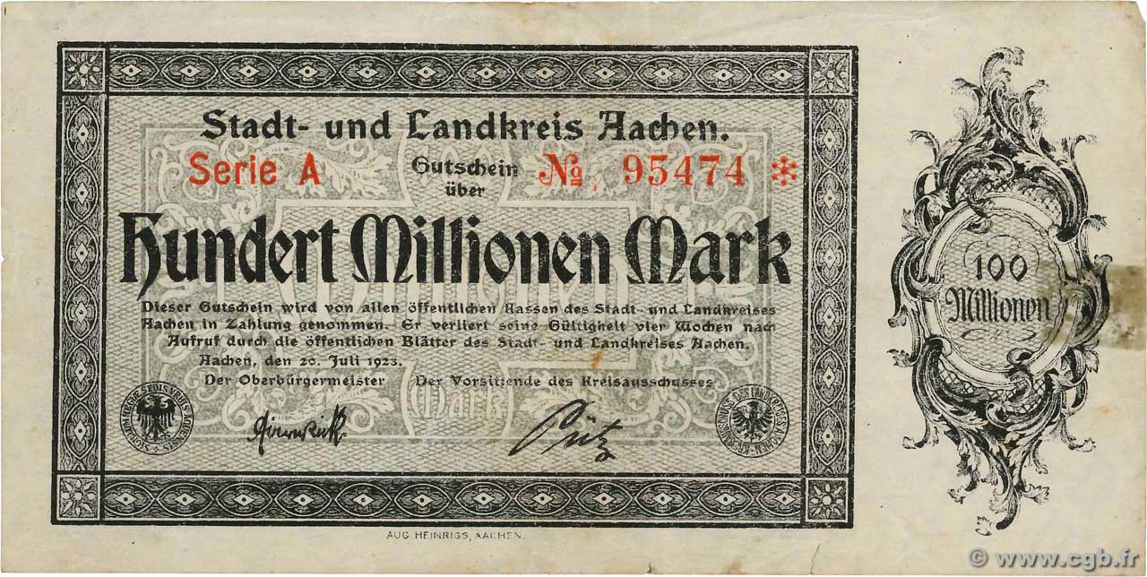 100 Millions Mark GERMANY Aachen - Aix-La-Chapelle 1923  F+