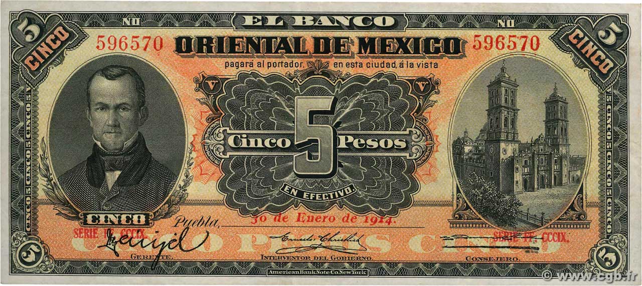 5 Pesos MEXICO Puebla 1914 PS.0381c BB