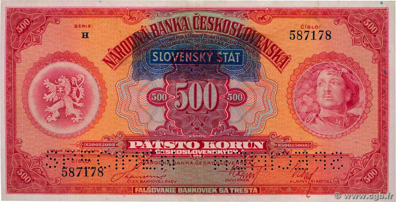 500 Korun Spécimen SLOVACCHIA  1939 P.02s SPL