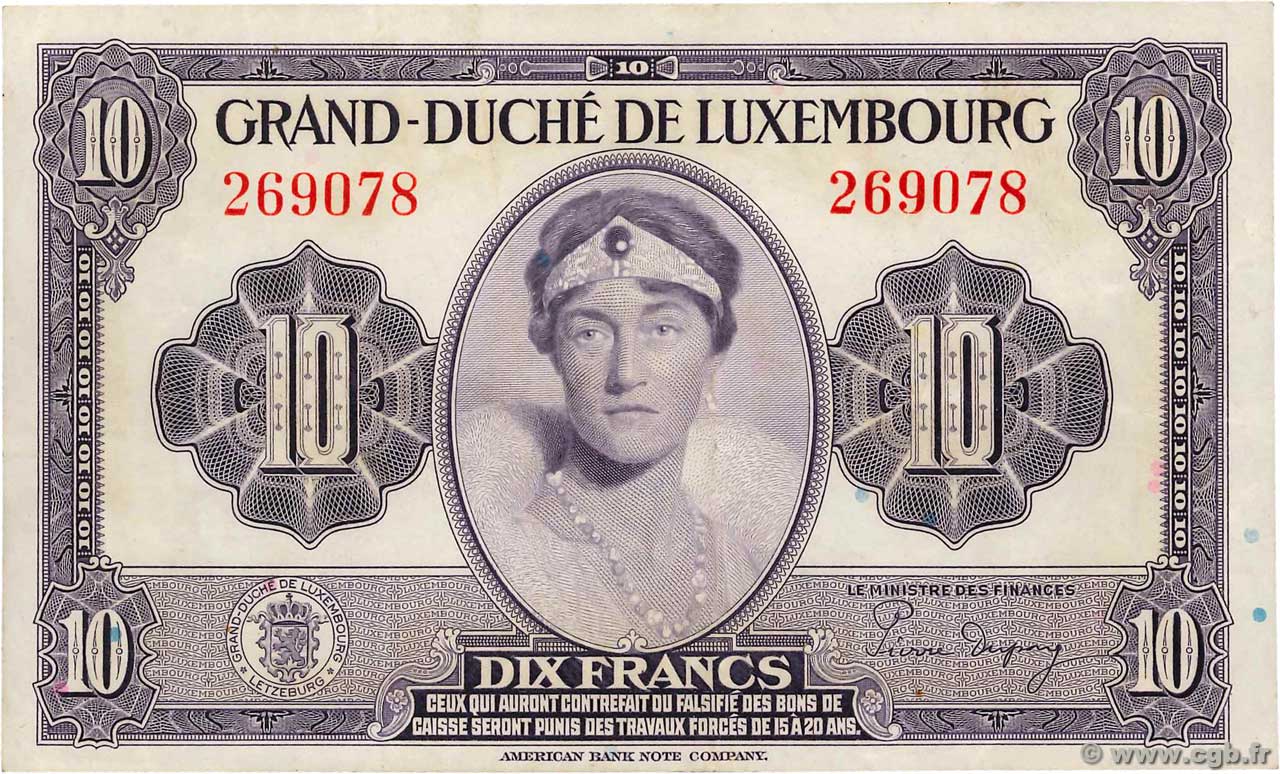 10 Francs LUSSEMBURGO  1944 P.44a SPL