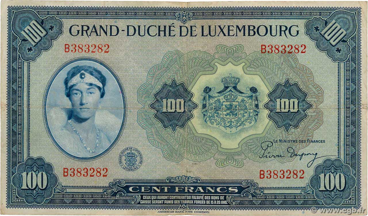 100 Francs LUXEMBOURG  1944 P.47a pr.TTB