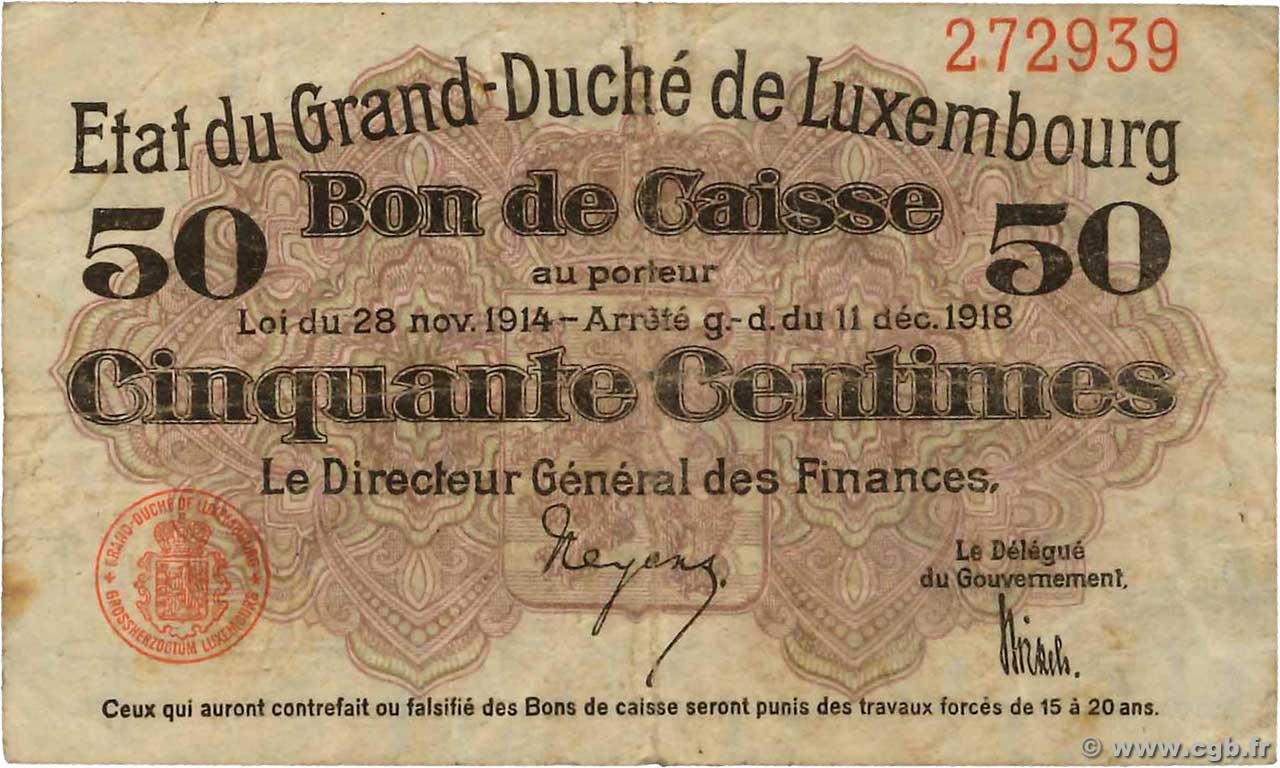 50 Centimes LUXEMBOURG  1919 P.26 TB