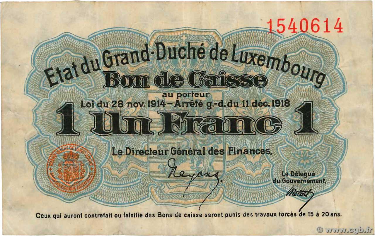 1 Franc LUXEMBOURG  1919 P.27 VF